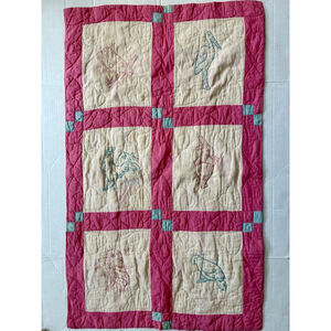 Vintage Baby Quilt Bunny Birds Owl Farmhouse Embroidered Hand Stitched Hearts